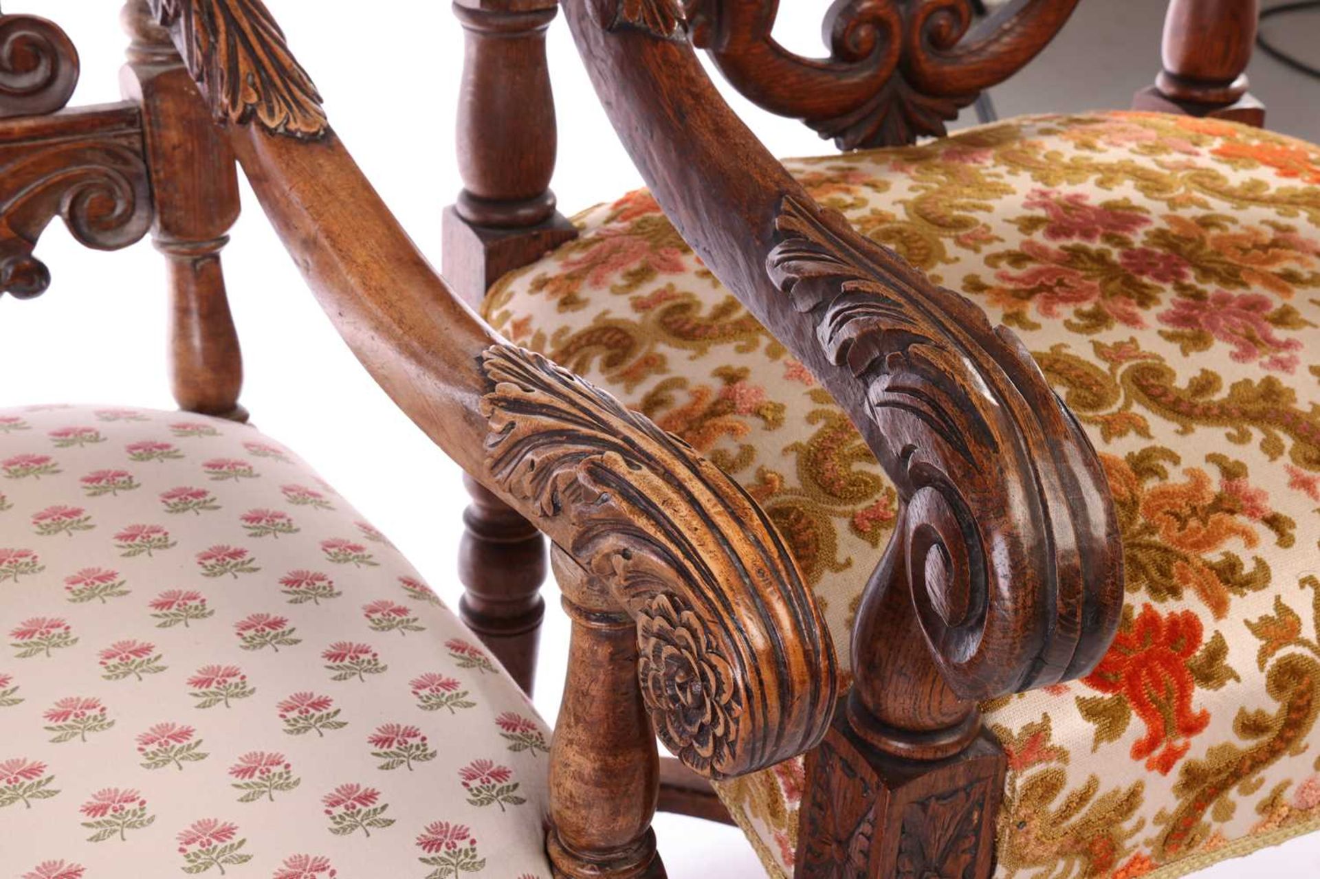 A near pair of Victorian carved oak open armchairs, in the Carolean style, with open S-Scroll, roset - Image 5 of 6