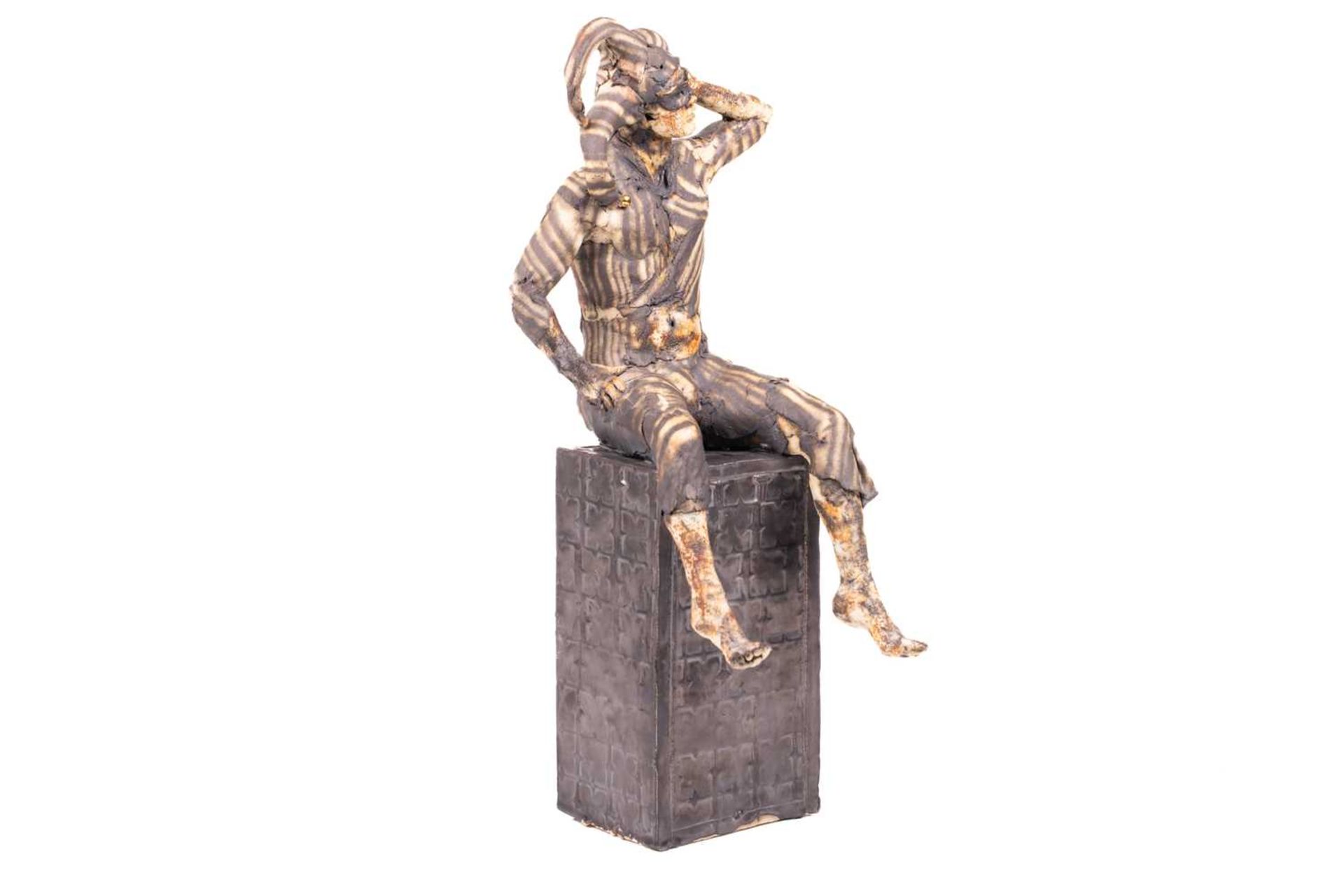 April Young (contemporary), 'Jester', a painted ceramic figure, the jester seated on a rectangular p - Bild 2 aus 7