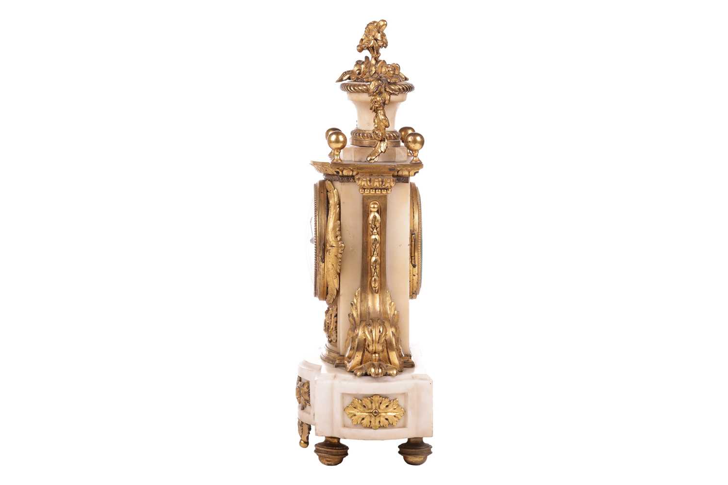 A late 19th century French white marble and gilt metal mantel timepiece clock, the top with a basket - Image 3 of 9