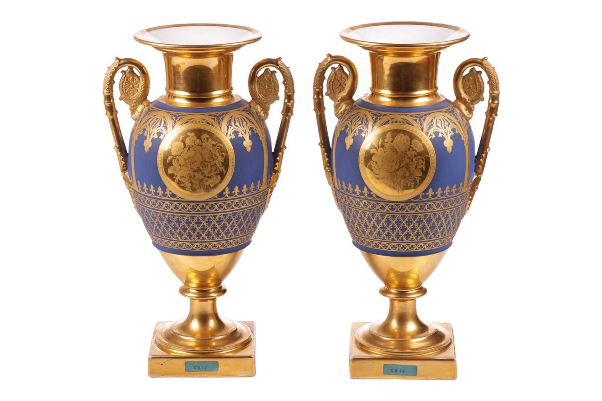 A pair of late 19th-century French pedestal vases, (possibly Paris Porcelain), gilt decorated on a d - Image 3 of 14