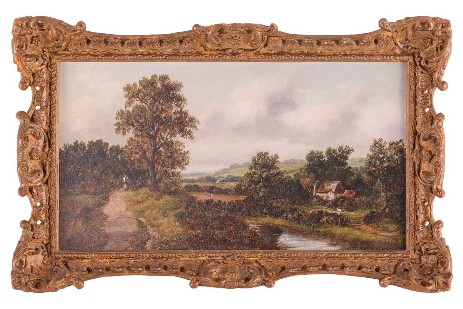 James Wallace (British, 19th century), Figure in a landscape with river and cottage, signed 'J. Wall