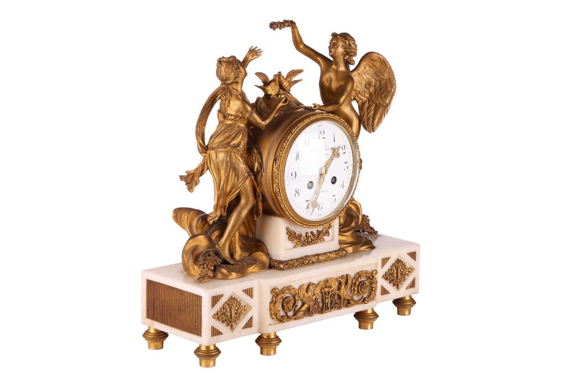 A French Le Roy et Fils (?) ormolu and white marble mantel clock with a figural mount allegorical of - Image 2 of 6
