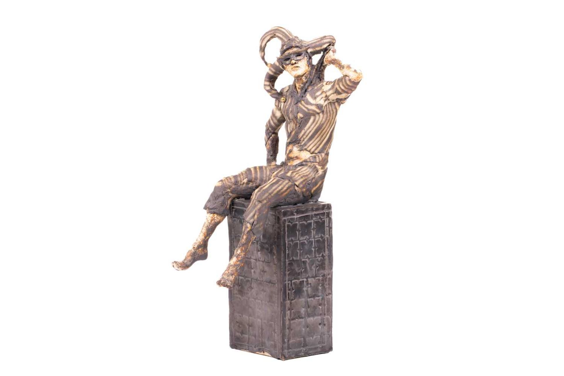 April Young (contemporary), 'Jester', a painted ceramic figure, the jester seated on a rectangular p - Bild 3 aus 7