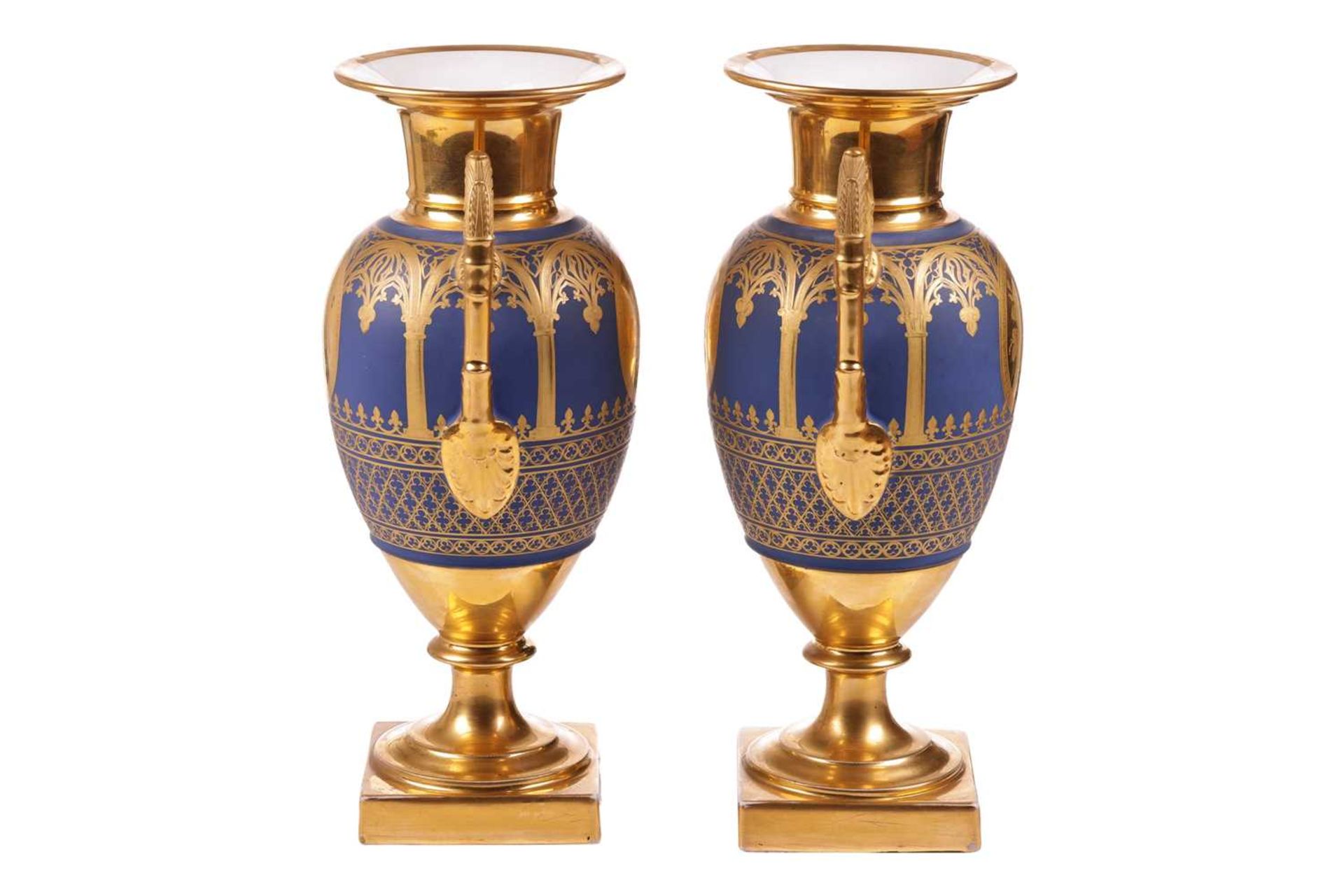 A pair of late 19th-century French pedestal vases, (possibly Paris Porcelain), gilt decorated on a d - Image 2 of 14
