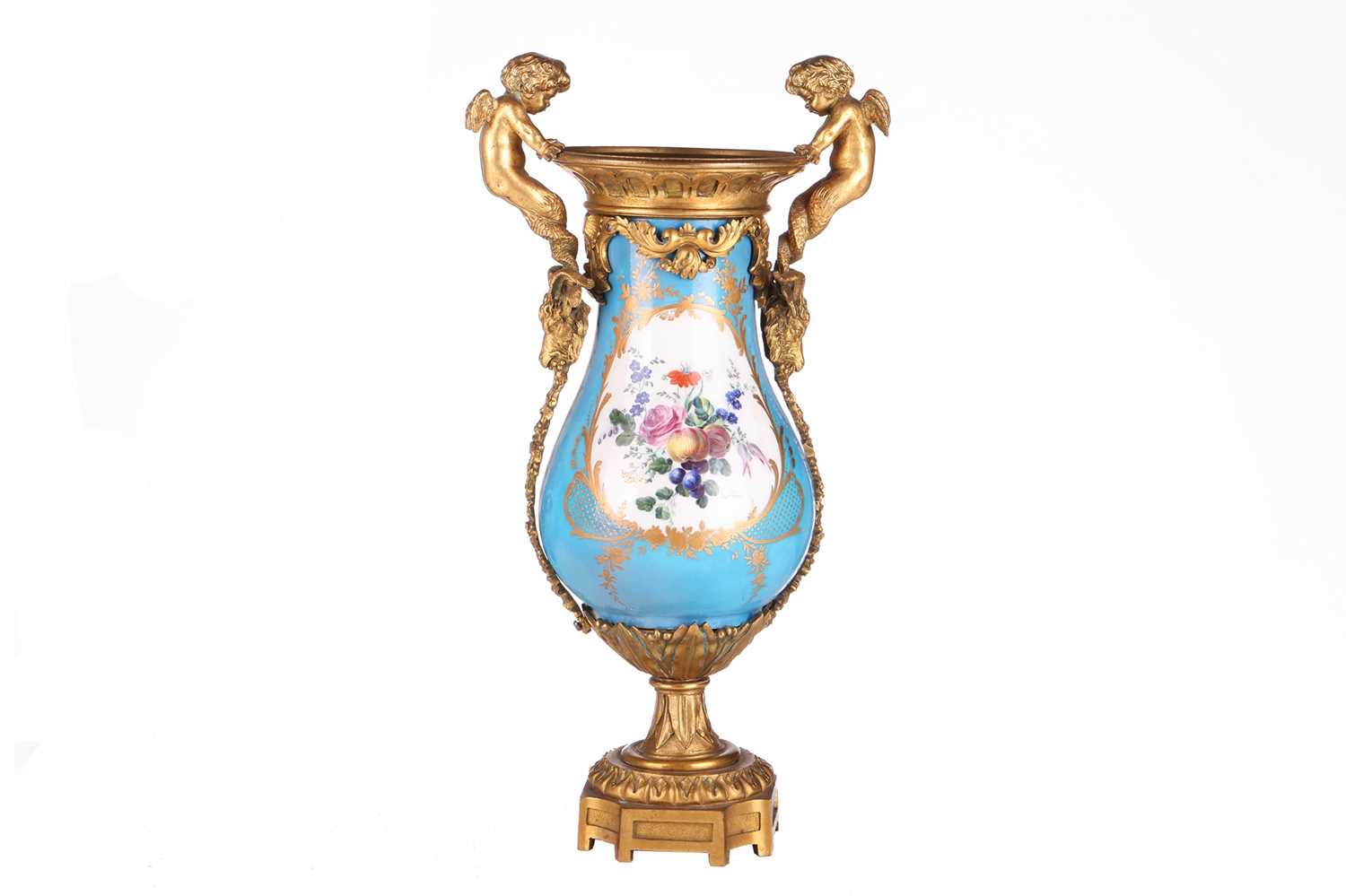 A French Napoleon III Sevres porcelain baluster base painted with scattered blooms and fruits on a B - Image 3 of 13