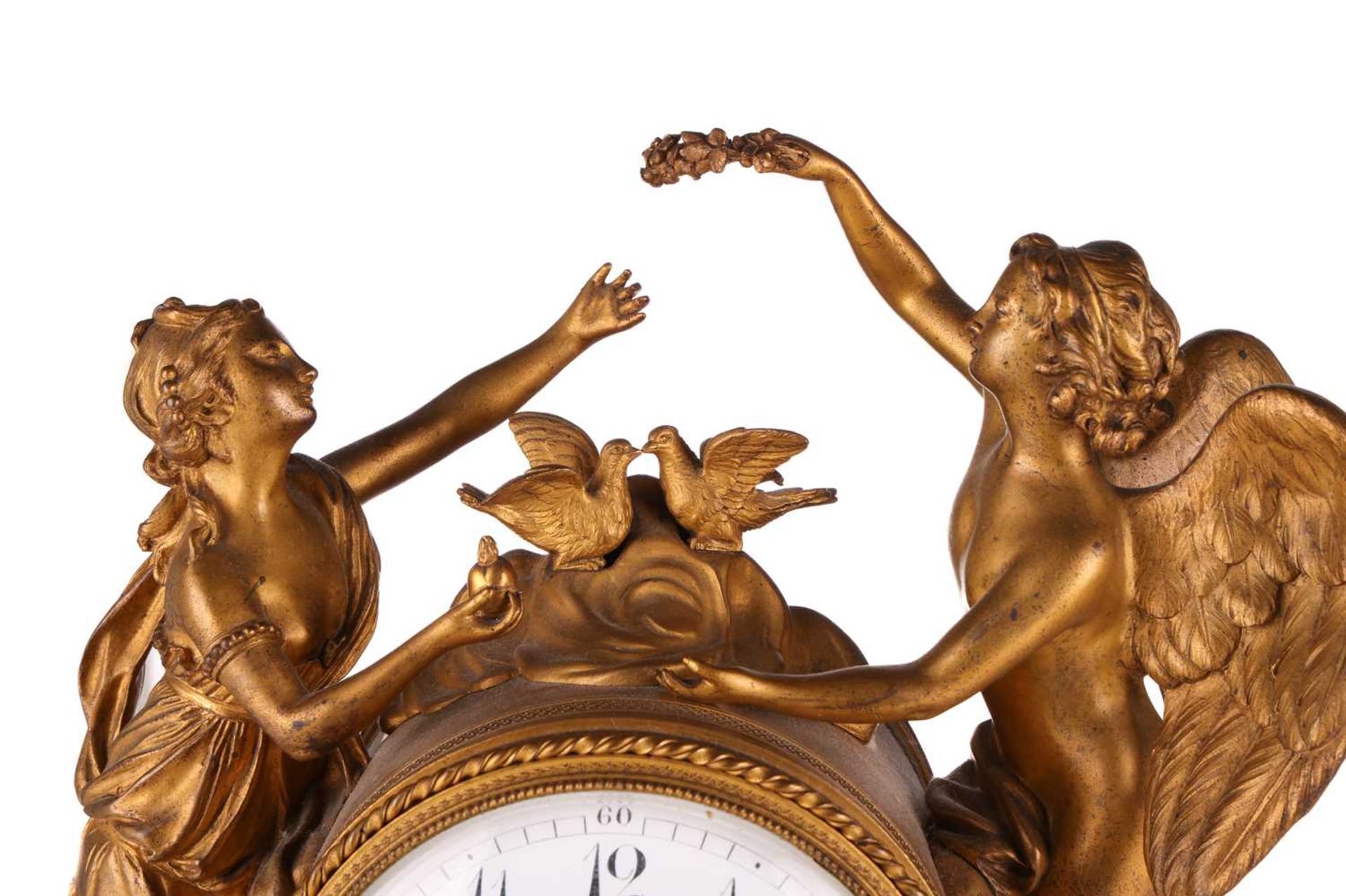 A French Le Roy et Fils (?) ormolu and white marble mantel clock with a figural mount allegorical of - Image 5 of 6