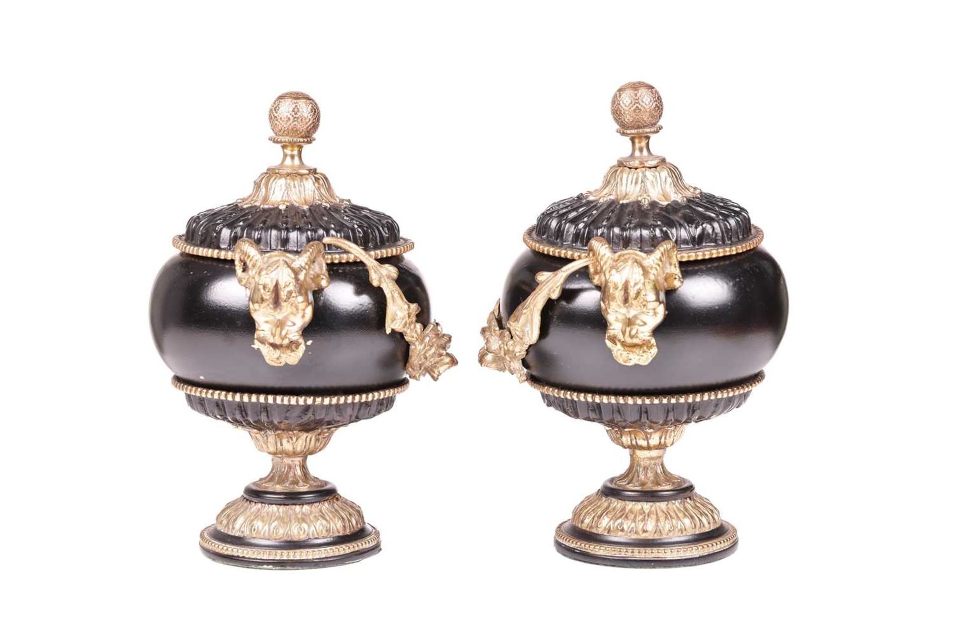A pair of Neo-classical black lacquer urns and covers, with gilt bronze mounts, mask handles with fl - Image 8 of 8