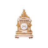 A large and ornate Louis XVI French marble and ormolu-mounted figural mantle clock, of architectural
