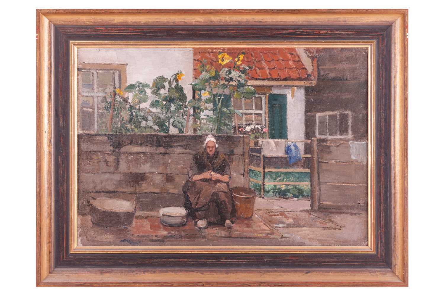 German Grobe (German, 1857-1938), woman peeling potatoes outside her home, unsigned, oil on canvas m