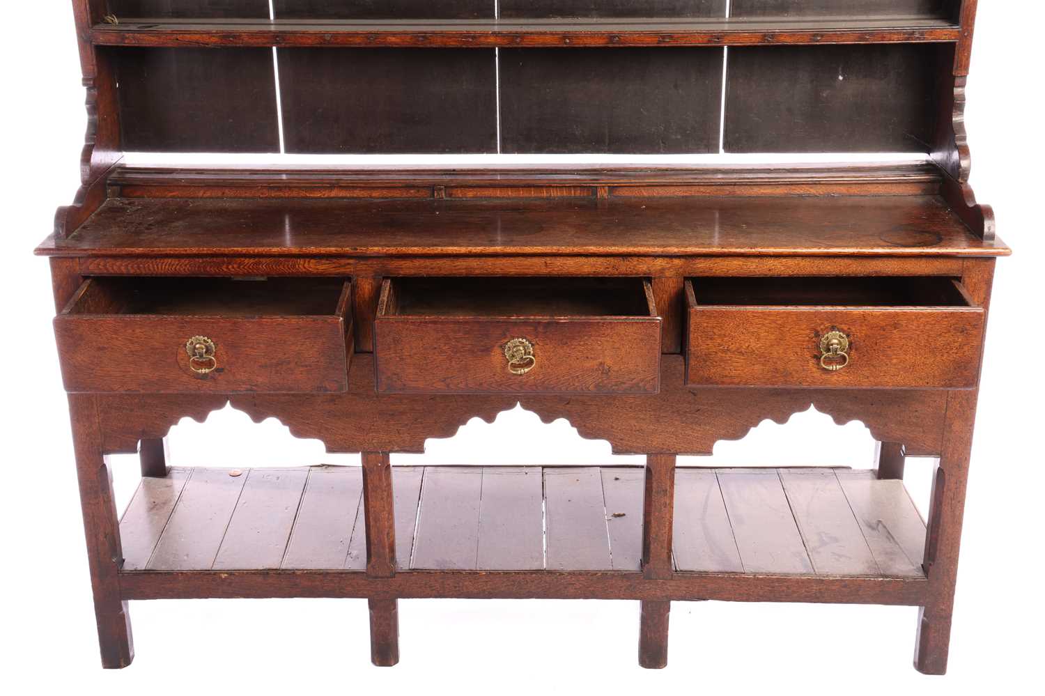 A George III oak pot board dresser and Delft rack, the moulded cornice over three shelves with hooks - Image 4 of 8