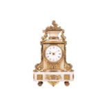A late 19th century French white marble and gilt metal mantel timepiece clock, the top with a basket