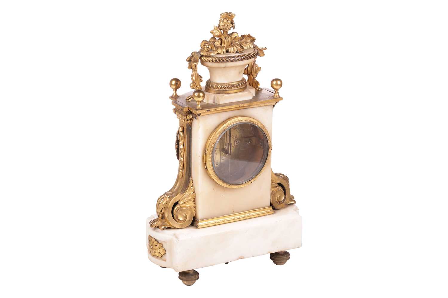 A late 19th century French white marble and gilt metal mantel timepiece clock, the top with a basket - Image 6 of 9