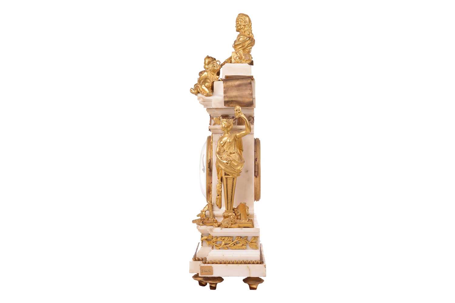 A large and ornate Louis XVI French marble and ormolu-mounted figural mantle clock, of architectural - Image 8 of 23
