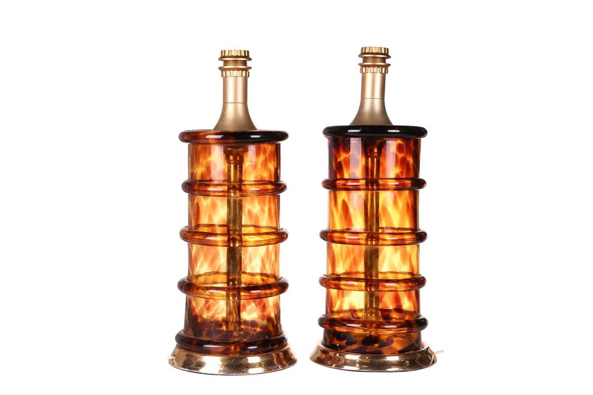 A pair of large Murano glass table lamps, amber coloured smoked glass with ribbed design, together w - Image 3 of 4