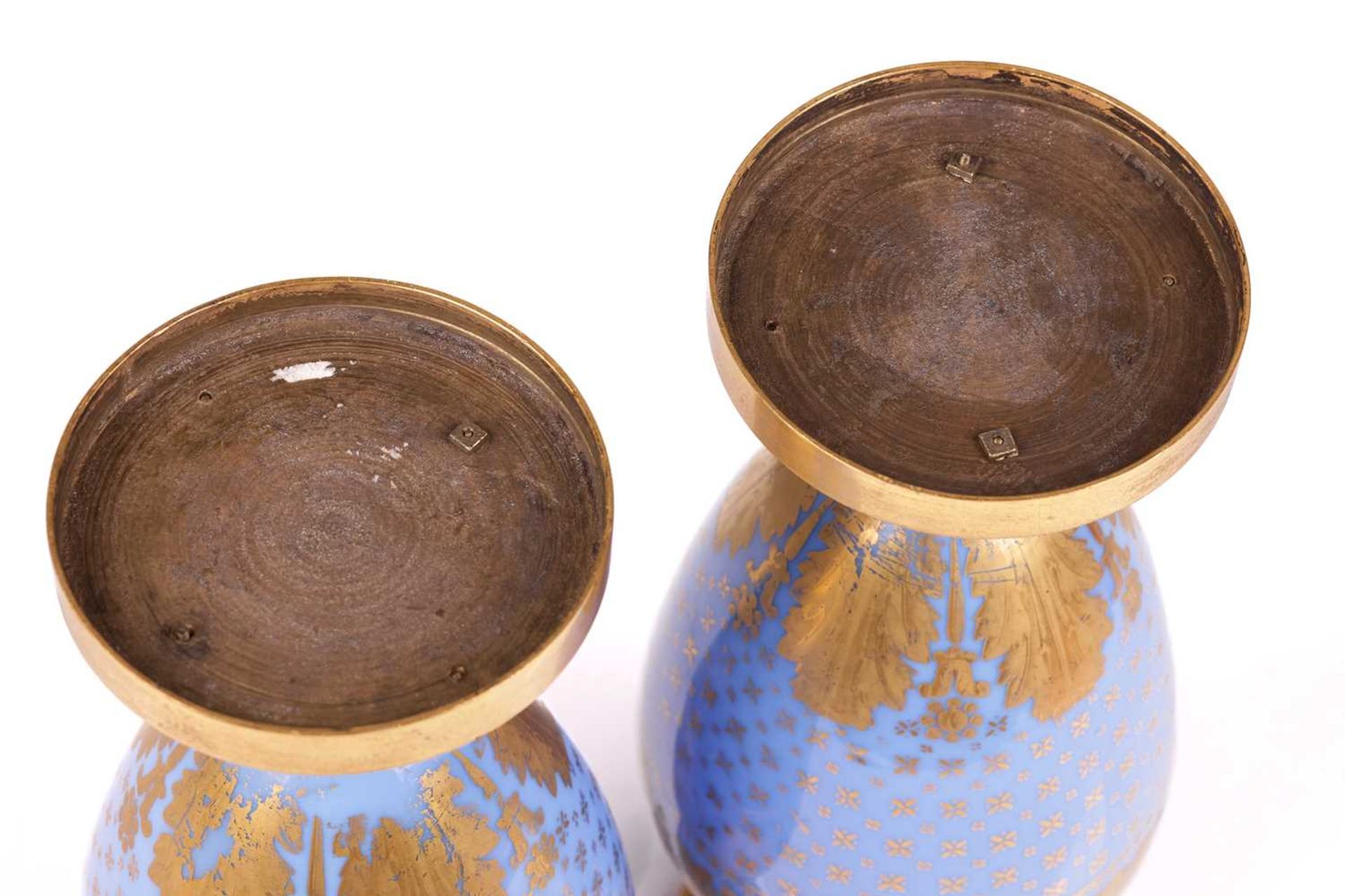A pair of late 19th century French blue opaline glass and ormolu mounted vases, with gilt-overlaid d - Image 6 of 7