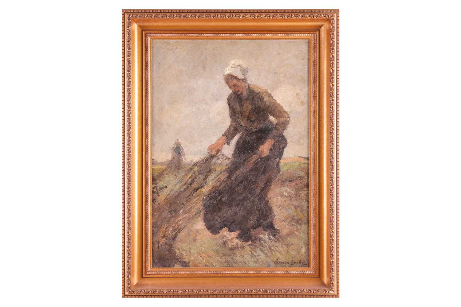 German Grobe (German, 1857-1938), Female farm worker gathering nets, signed 'German Grobe' (lower ri