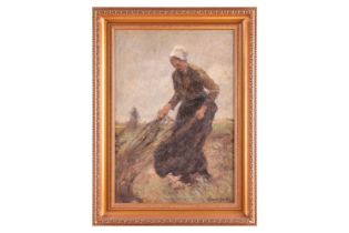 German Grobe (German, 1857-1938), Female farm worker gathering nets, signed 'German Grobe' (lower