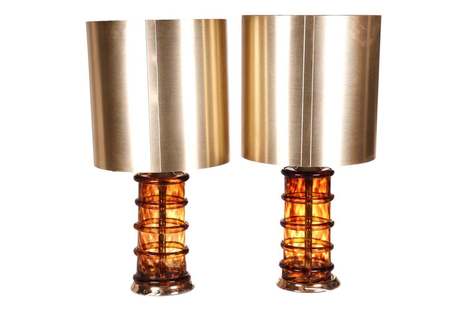A pair of large Murano glass table lamps, amber coloured smoked glass with ribbed design, together w - Image 2 of 4