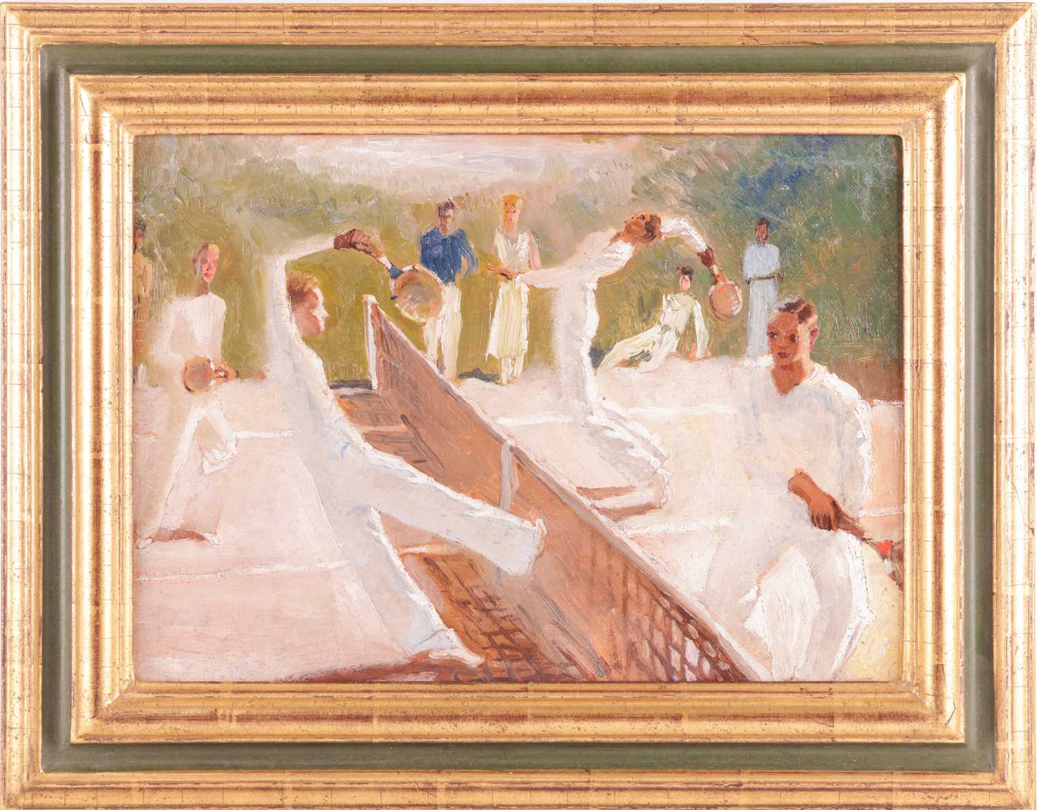European School (Early 20th Century), The Doubles Tennis Match, unsigned, oil on canvas, 27 x 38 cm, - Image 2 of 6