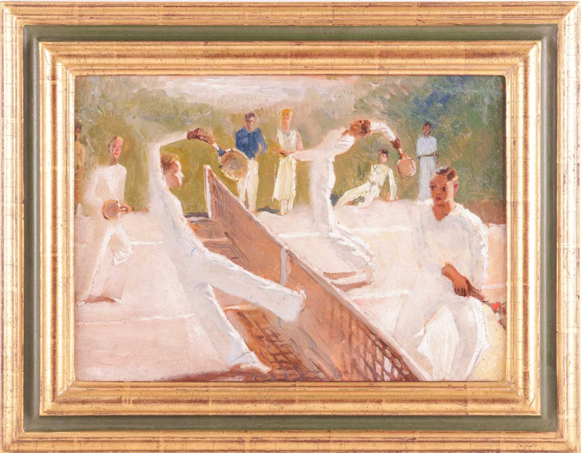 European School (Early 20th Century), The Doubles Tennis Match, unsigned, oil on canvas, 27 x 38 cm, - Bild 2 aus 6