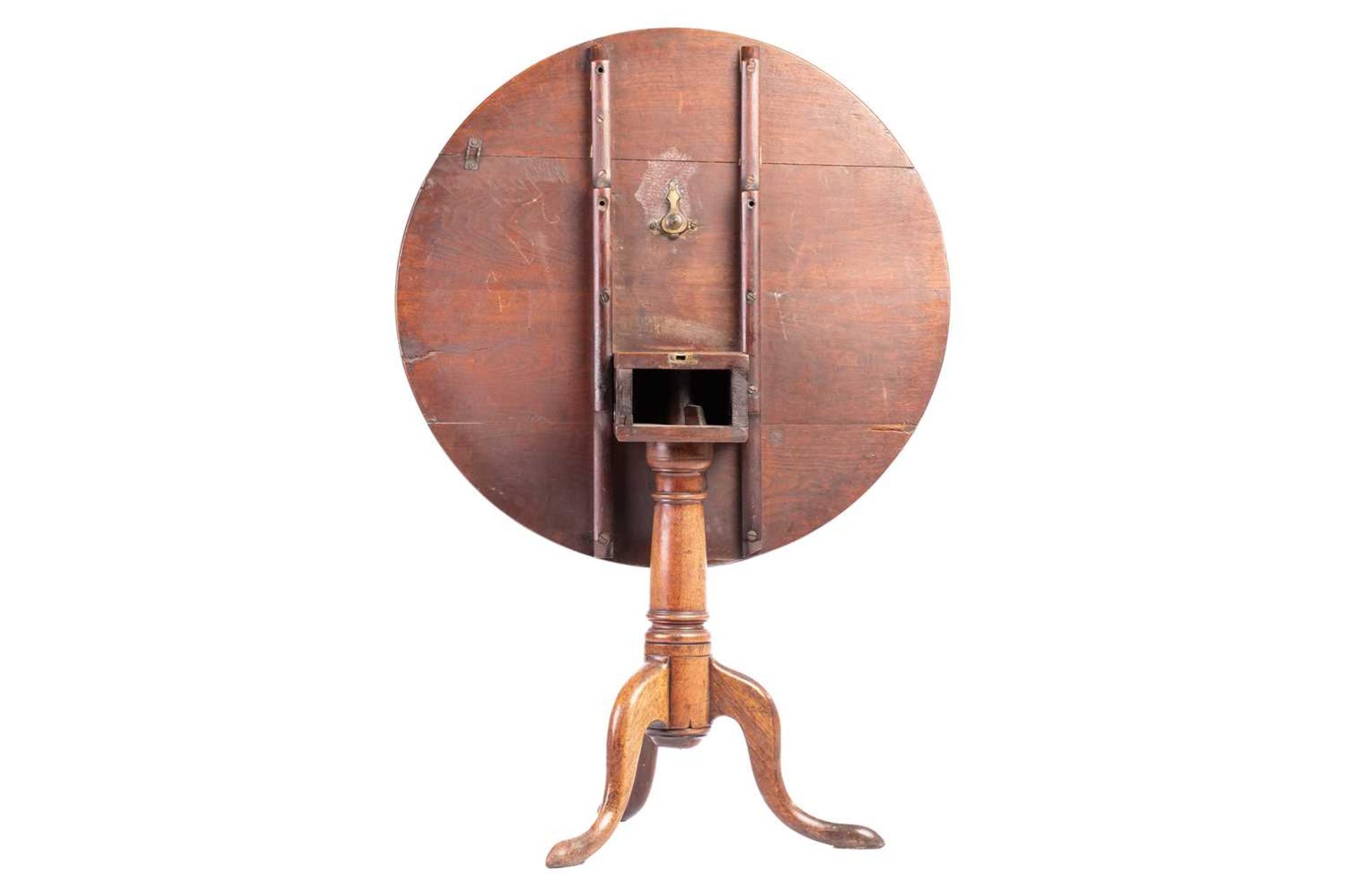 A 19th-century vernacular fruitwood snap-top tripod table, probably Welsh, with a planked top and bo - Image 2 of 5