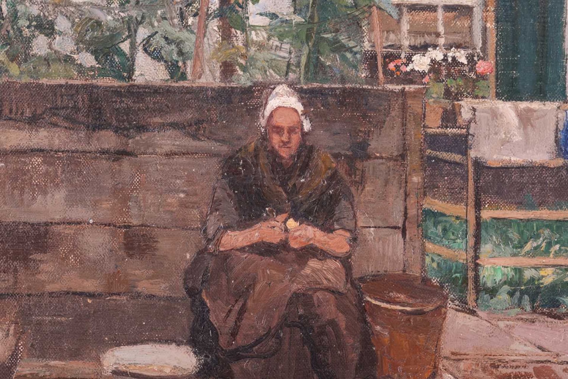 German Grobe (German, 1857-1938), woman peeling potatoes outside her home, unsigned, oil on canvas m - Image 4 of 7