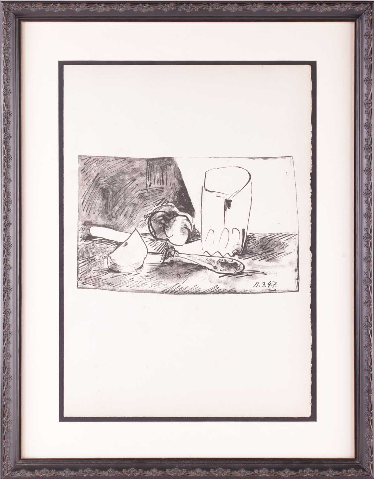 After Pablo Picasso (Spanish 1881 - 1973), 'Pommes, Verre et Couteau' (Apples, Glass and Knife), uns - Image 2 of 9