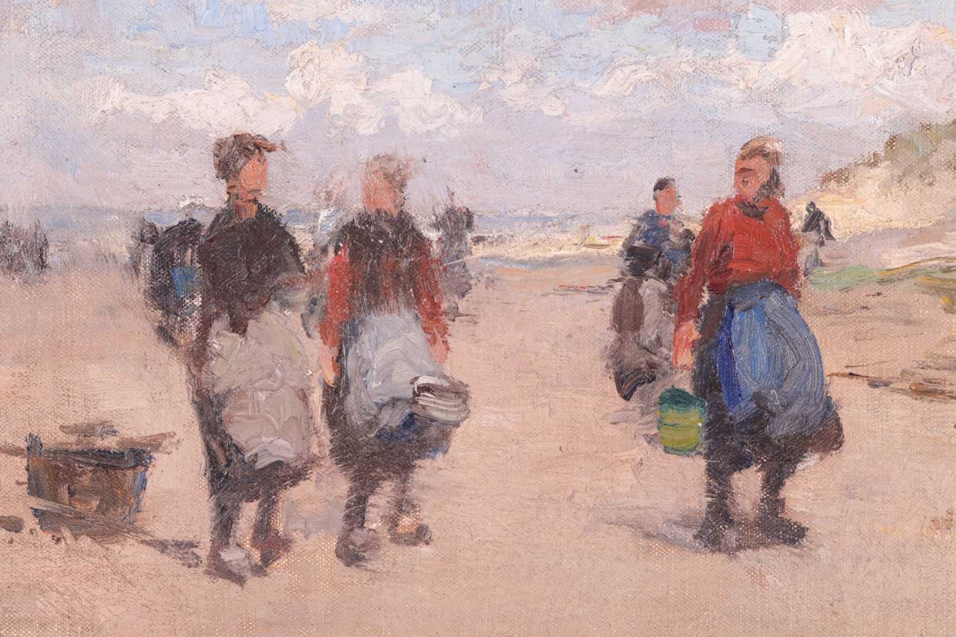 German Grobe (1857-1938), Fishermen's wives on a beach, unsigned, oil on board, 38 x 50 cm, framed 4 - Image 4 of 7