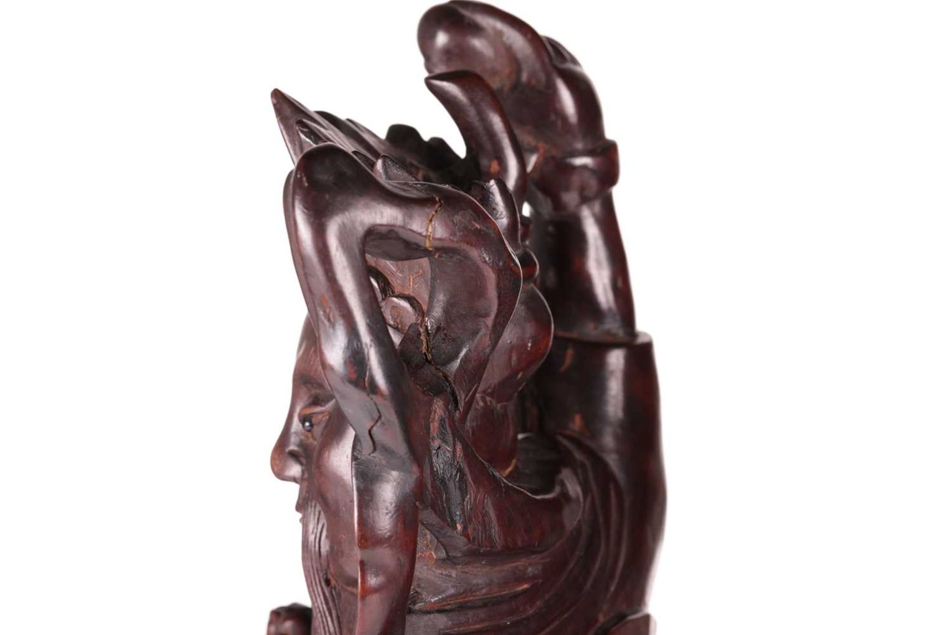 A pair of Chinese carved cherry wood figures of warriors one possibly Xianwu both with inset glass b - Image 8 of 11