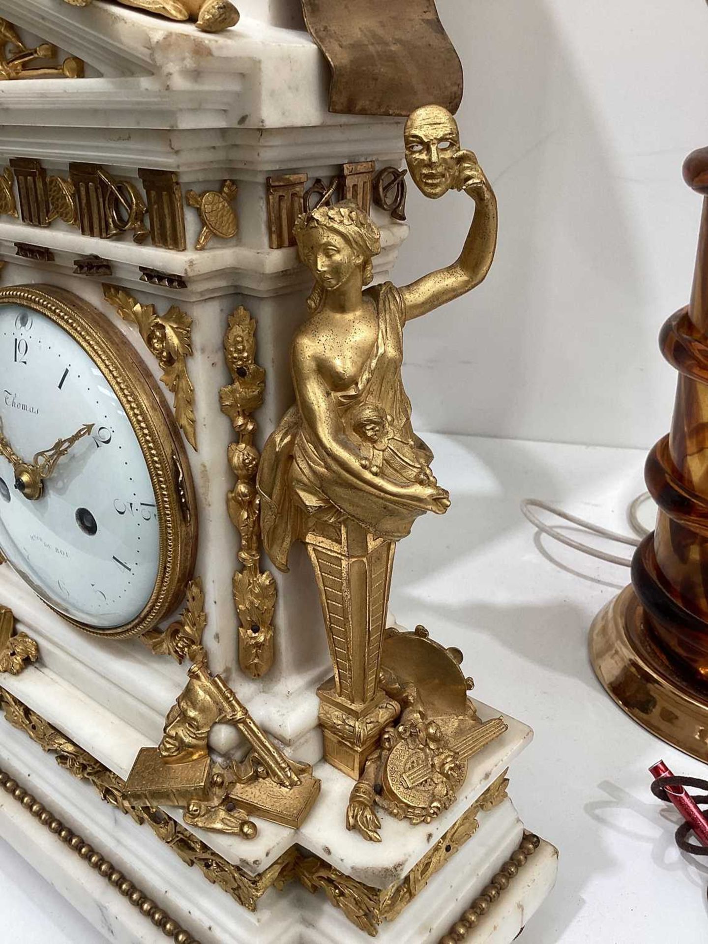 A large and ornate Louis XVI French marble and ormolu-mounted figural mantle clock, of architectural - Image 19 of 23