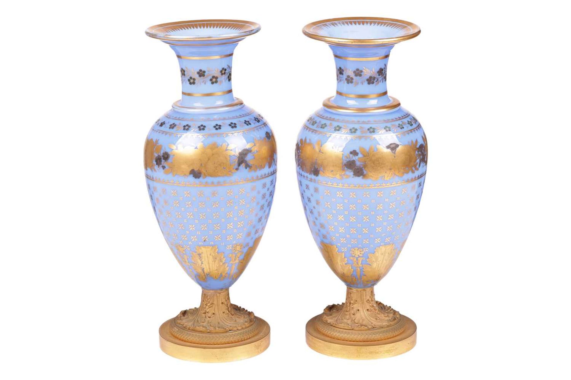 A pair of late 19th century French blue opaline glass and ormolu mounted vases, with gilt-overlaid d - Image 3 of 7