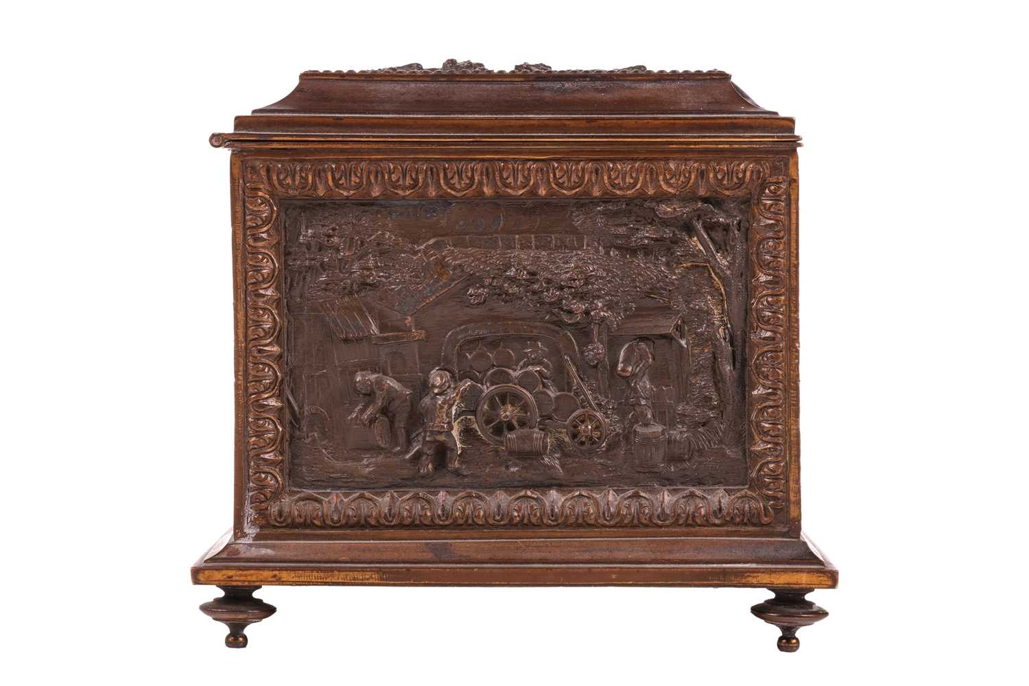 A French late 19th century gilt and oxidized bronze rectangular table casket, the caddy-top and side - Image 2 of 9