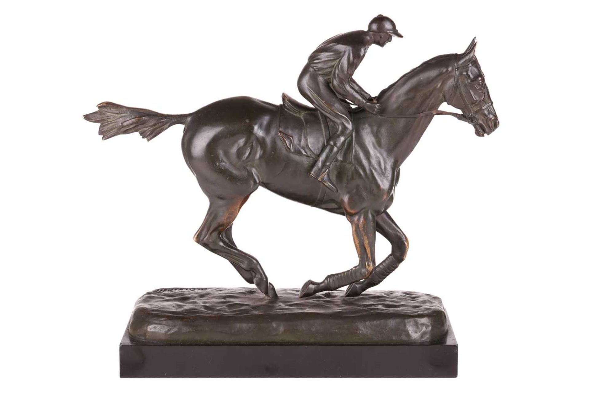 Roger De Minvielle (1897-1987) French, a patinated bronze study of a racehorse and jockey, signed to - Image 4 of 7
