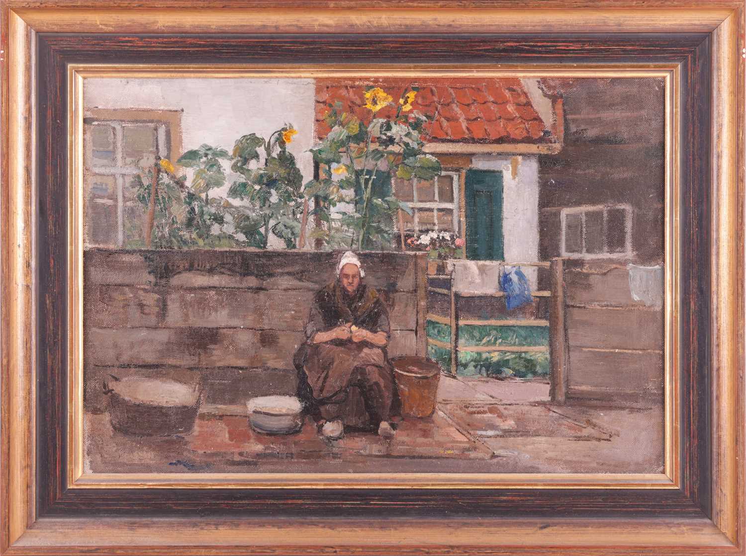 German Grobe (German, 1857-1938), woman peeling potatoes outside her home, unsigned, oil on canvas m - Image 2 of 7