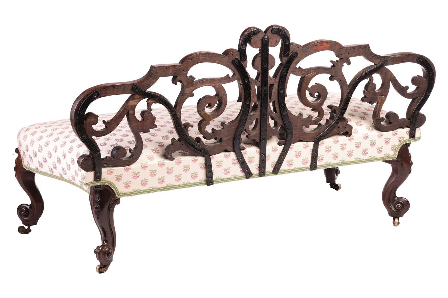 An unusual Victorian rosewood window seat/Couch, with an openwork back carved with scrolls over a st - Image 2 of 7