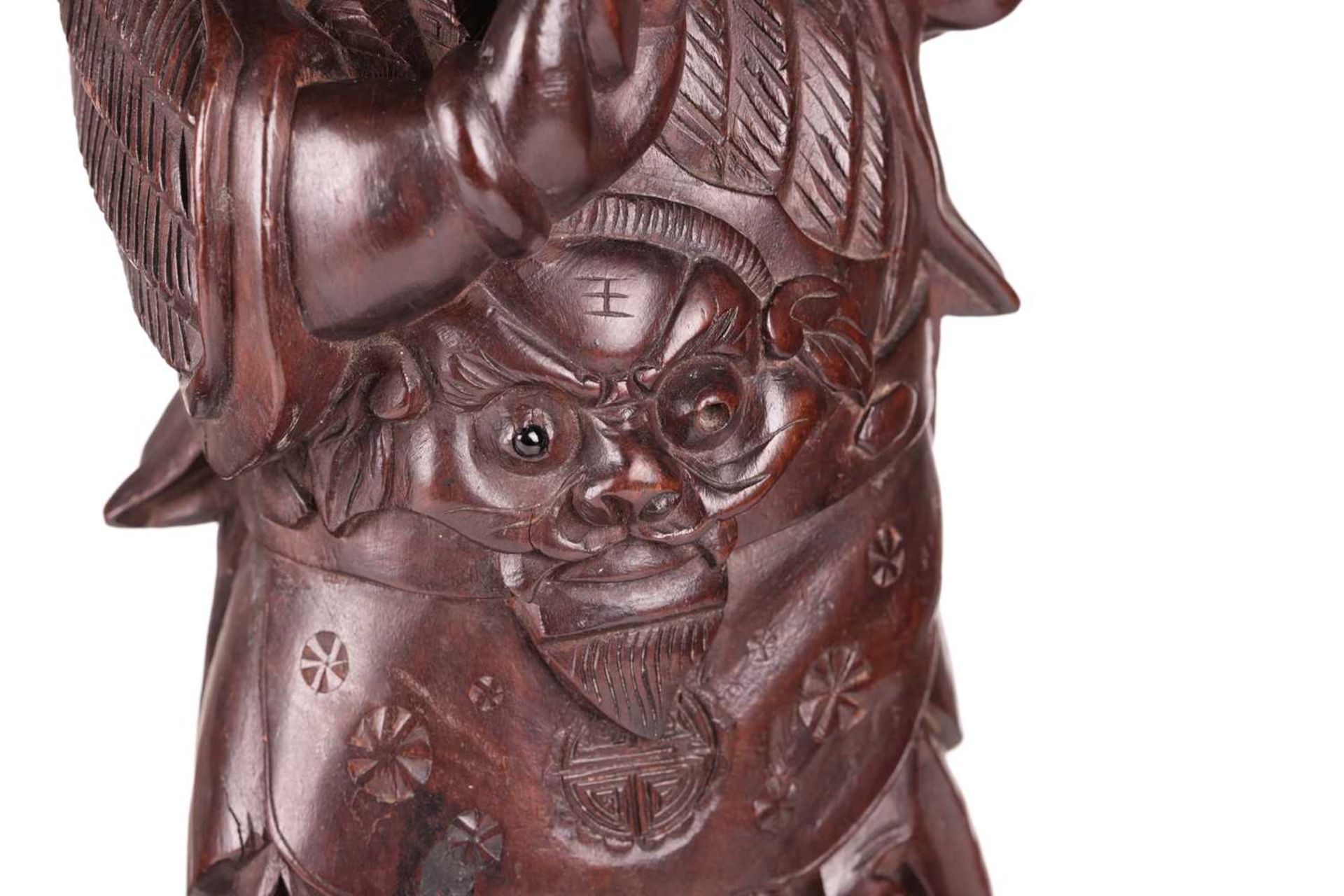 A pair of Chinese carved cherry wood figures of warriors one possibly Xianwu both with inset glass b - Image 6 of 11