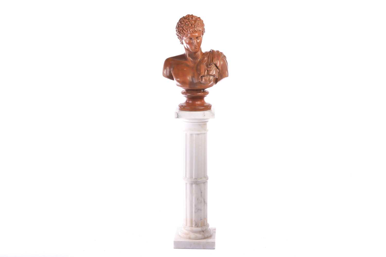 After the antique, a large terracotta bust of Hermes, on an integral socle, 57 cm x 39 cm, together 