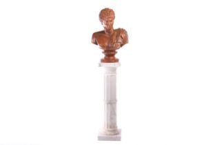 After the antique, a large terracotta bust of Hermes, on an integral socle, 57 cm x 39 cm,