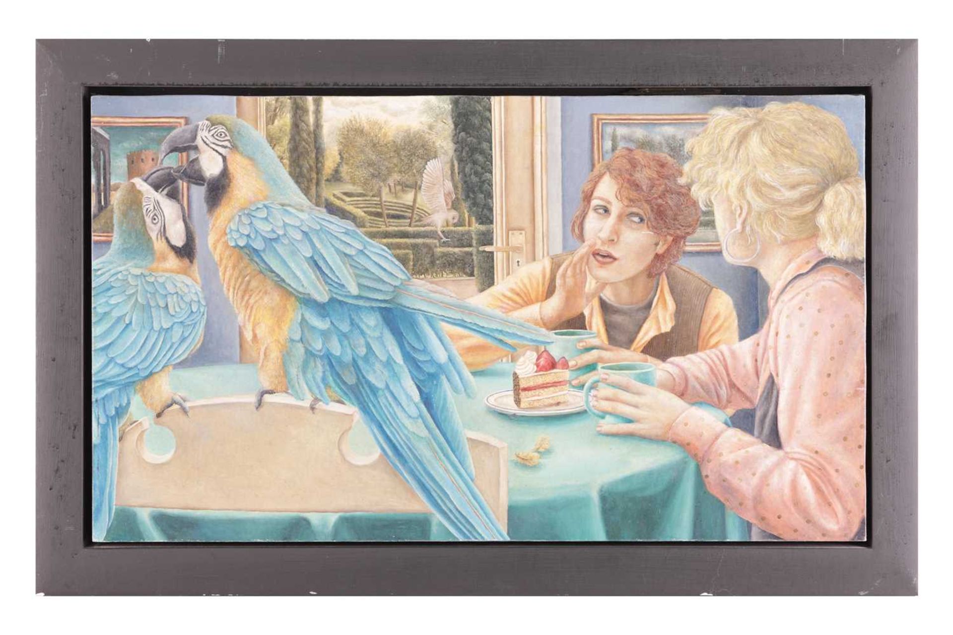 Sally Moore (b.1962), 'Birds of a Feather' (1994), labelled on the reverse, oil on panel, 30 x 52 cm