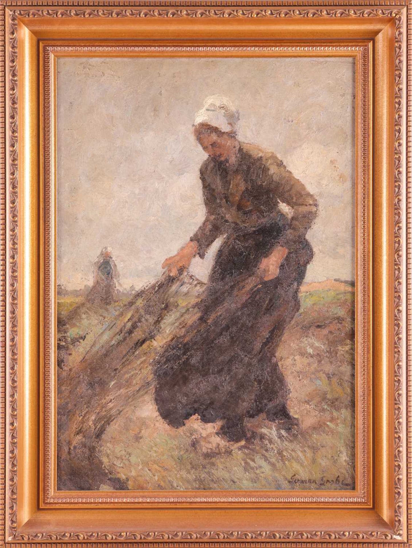 German Grobe (German, 1857-1938), Female farm worker gathering nets, signed 'German Grobe' (lower ri - Image 2 of 7