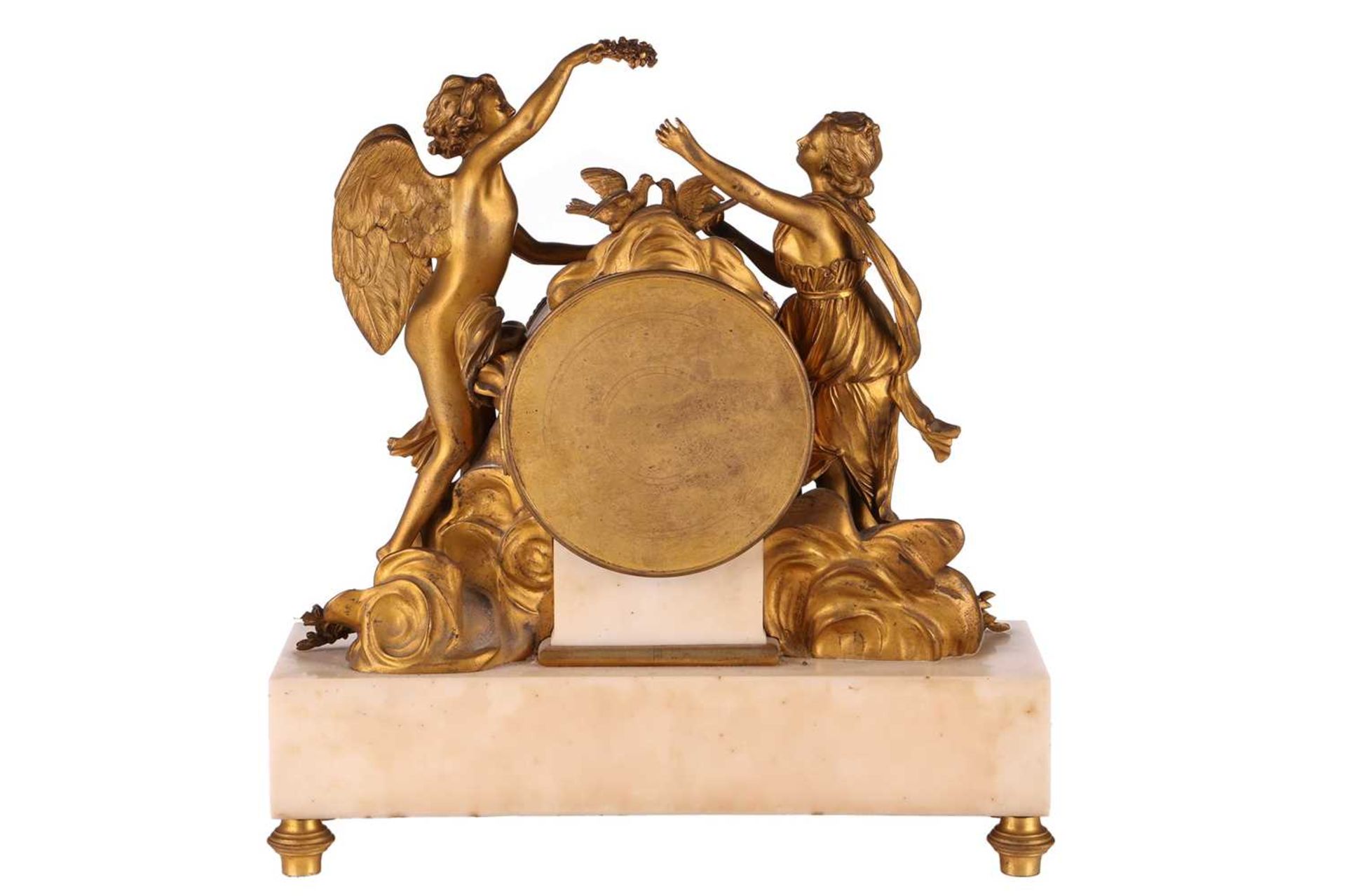 A French Le Roy et Fils (?) ormolu and white marble mantel clock with a figural mount allegorical of - Image 3 of 6