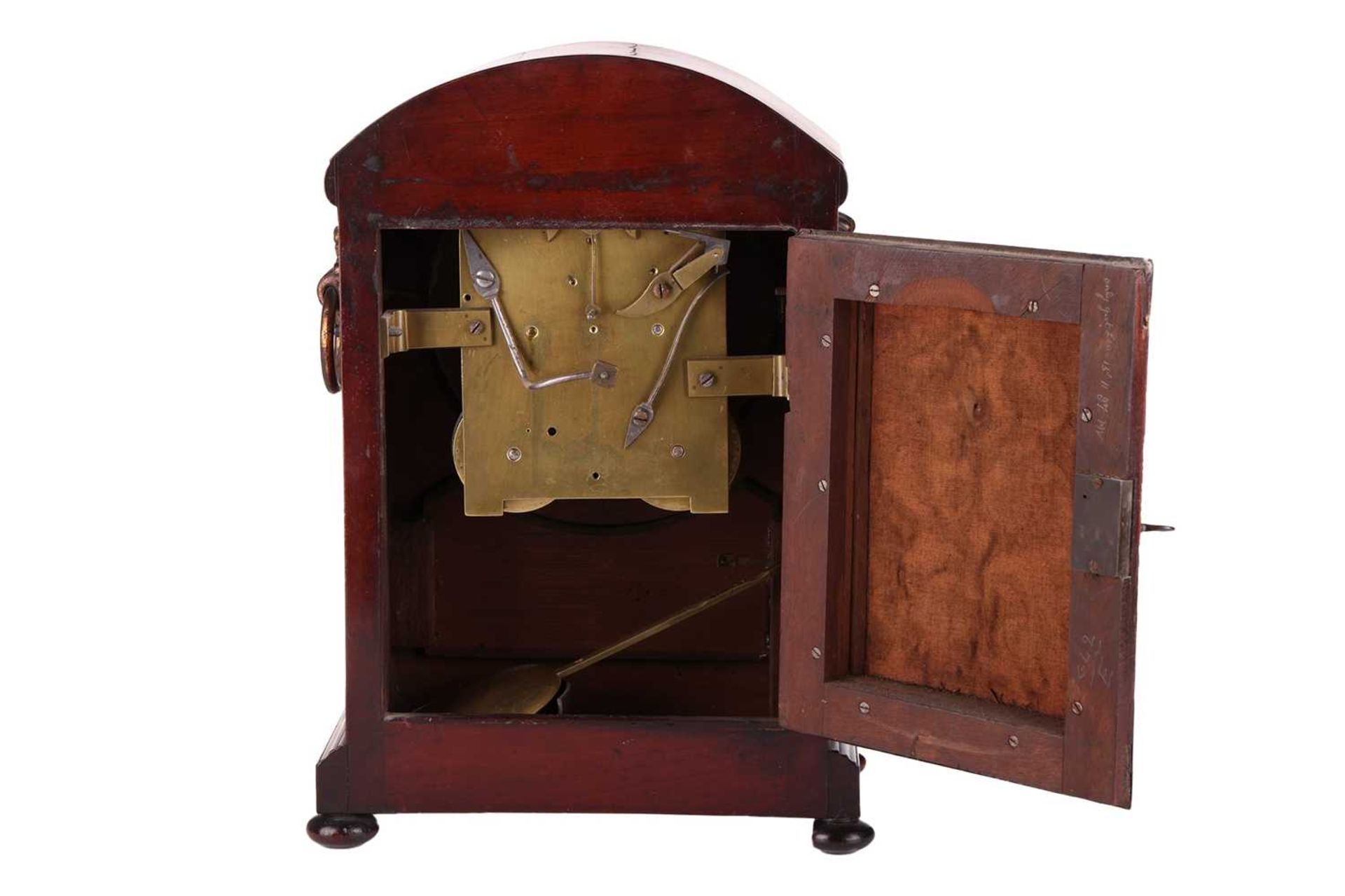 Moore of London a Regency mahogany 8-day twin fusee mantel clock case, with an arched top case and p - Image 3 of 7