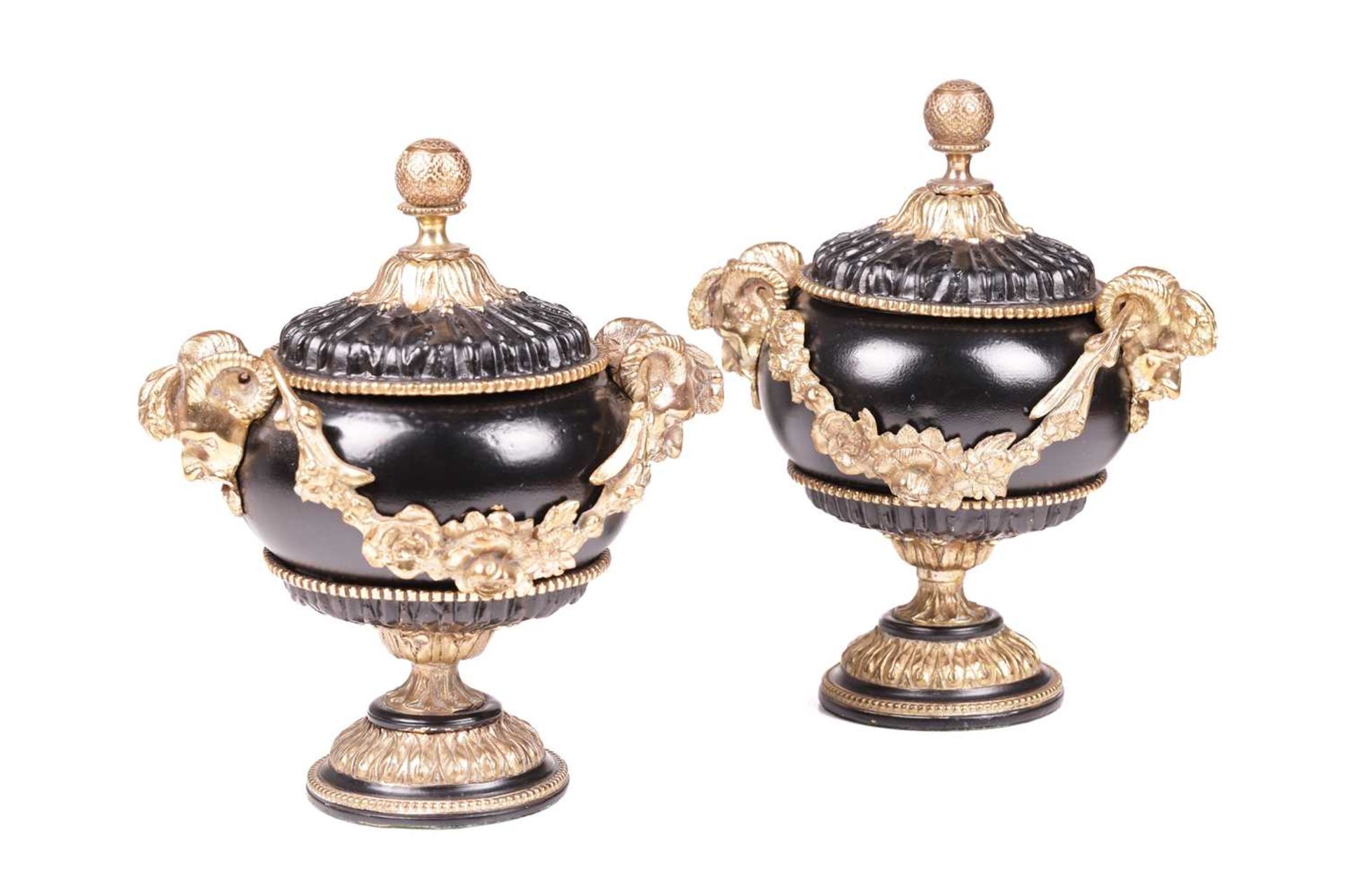 A pair of Neo-classical black lacquer urns and covers, with gilt bronze mounts, mask handles with fl - Image 2 of 8