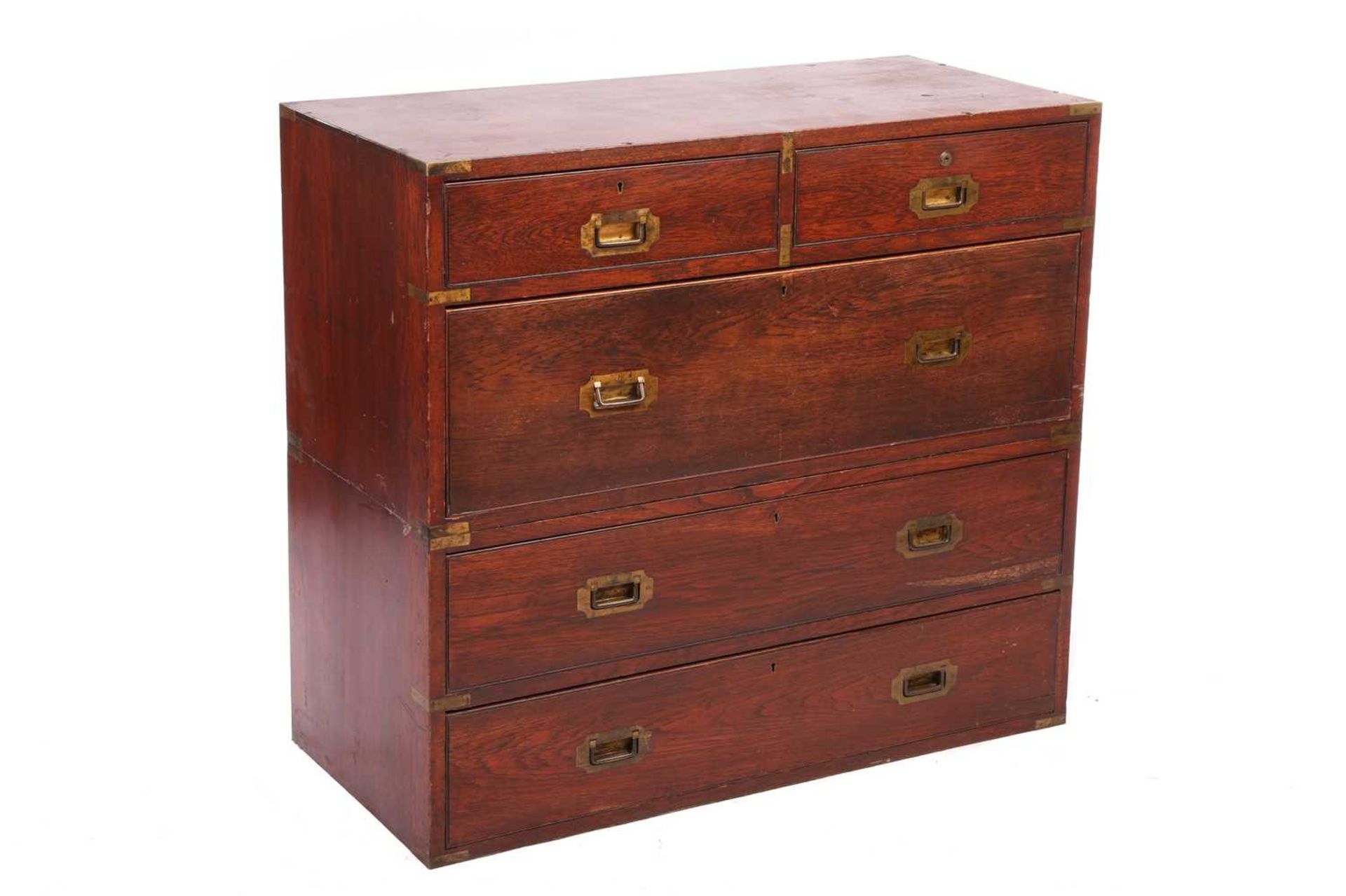 A late Victorian teakwood two-section campaign chest of two short over three long drawers, with sunk - Bild 5 aus 10