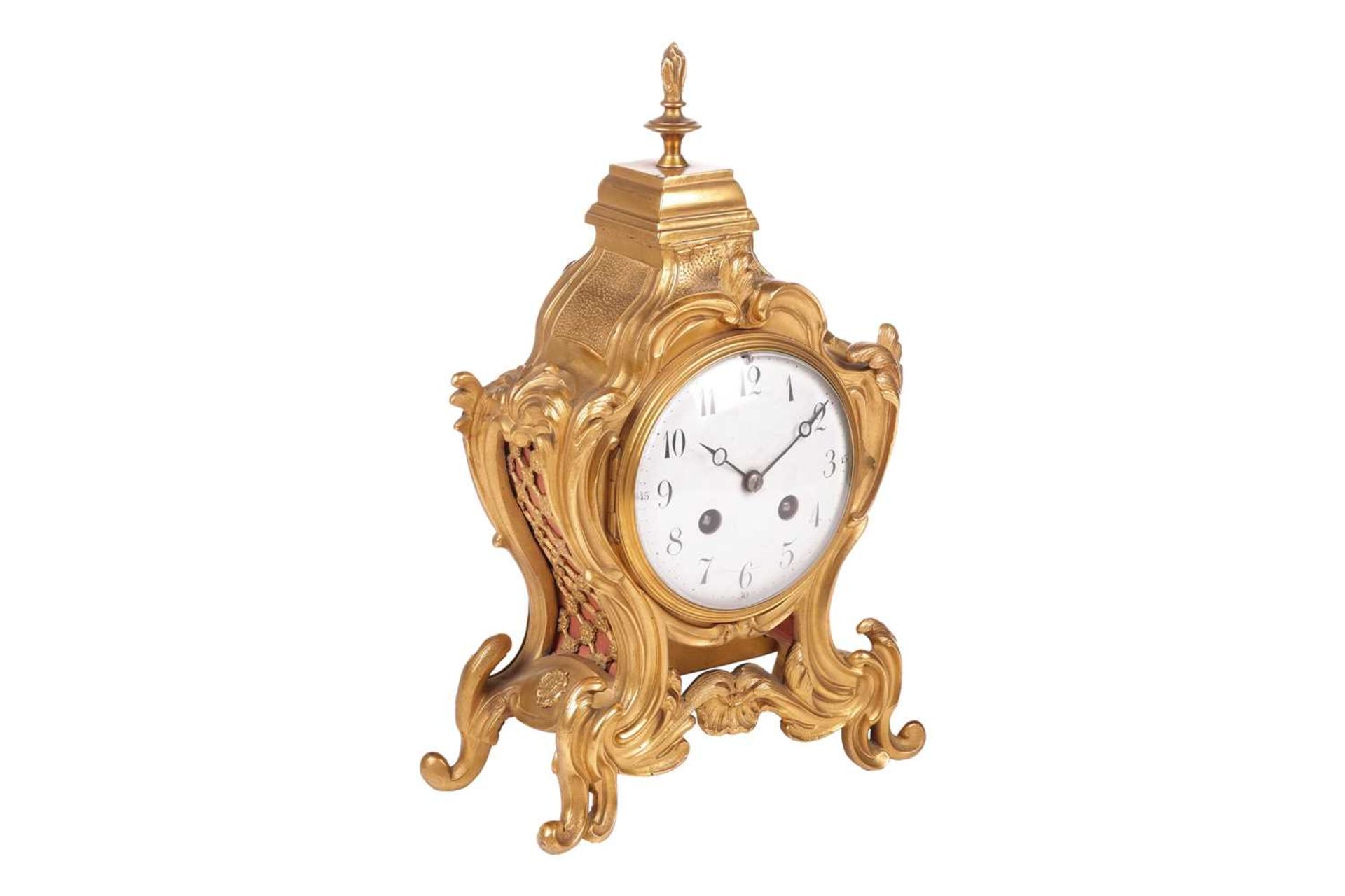 A late 19th/early 20th-century French gilt metal mantel clock, the foliate scroll form case with fla - Image 2 of 7