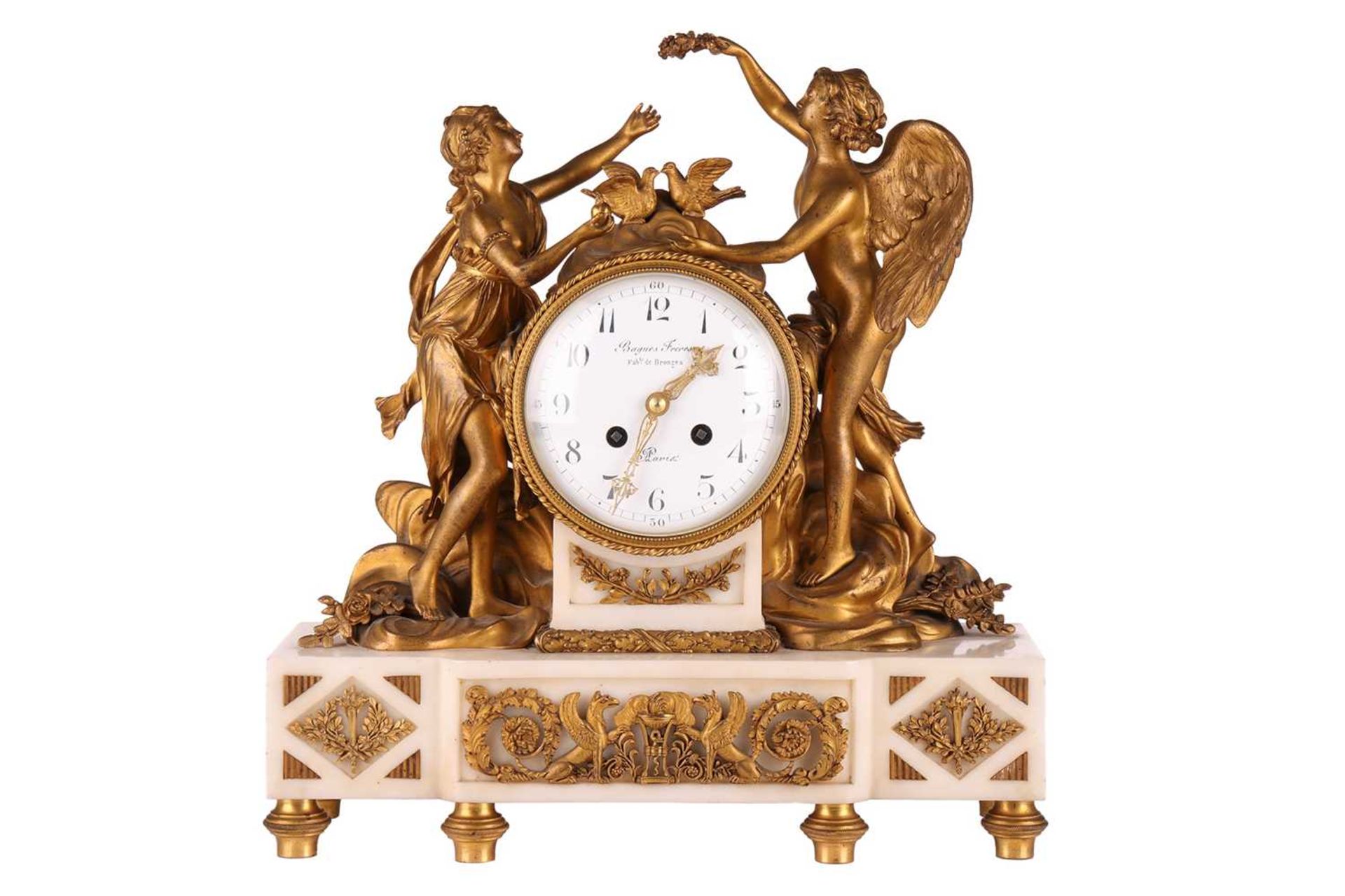 A French Le Roy et Fils (?) ormolu and white marble mantel clock with a figural mount allegorical of