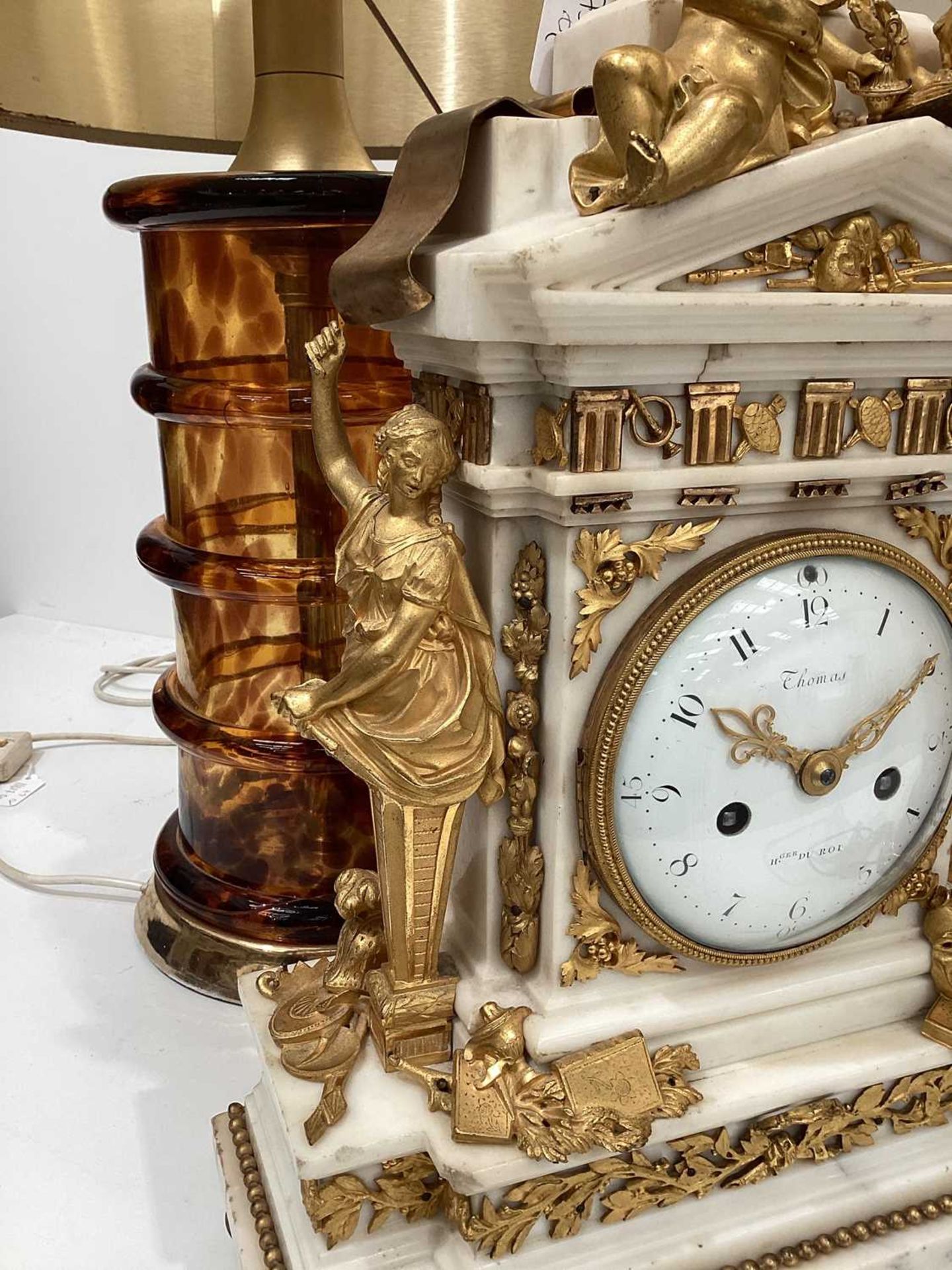 A large and ornate Louis XVI French marble and ormolu-mounted figural mantle clock, of architectural - Image 17 of 23