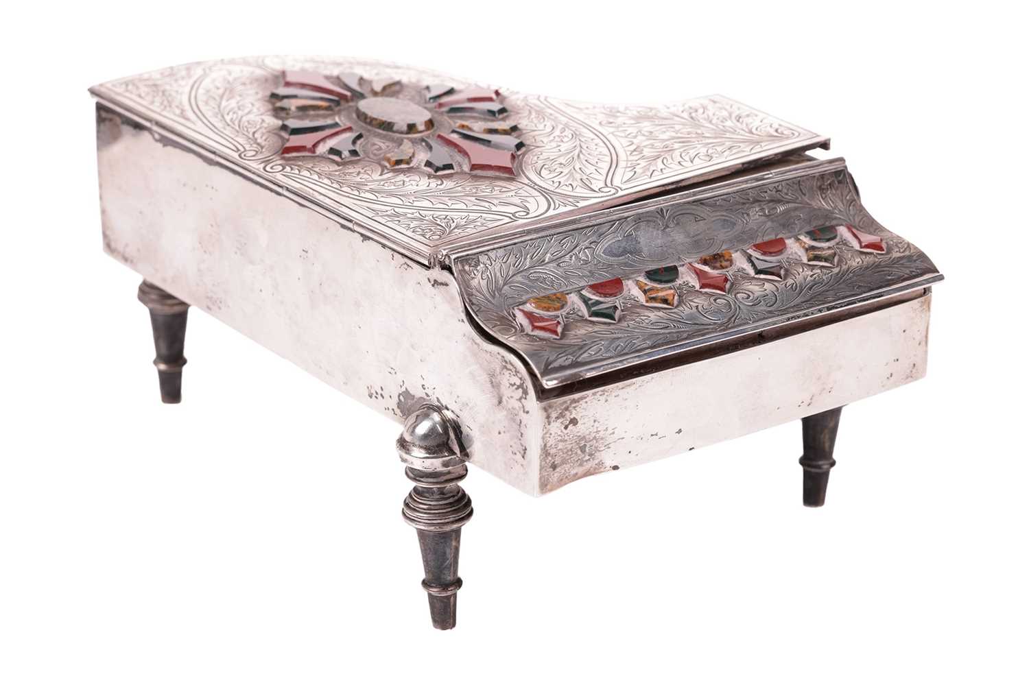 A late Victorian Scottish silver mounted jewellery box in the form of a grand piano. The lid and hin - Image 2 of 11