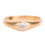 An old-cut diamond solitaire ring, flush-set with an old-cut diamond of 3.9 x 3.9 x 2.5 mm, with an 