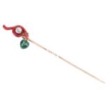 An old cut diamond and enamel serpent stick pin, designed as a red enamel snake with green enamel ey